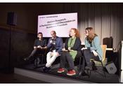 Description: From left to right: artistic director Aldo Spahiu, SCRIPTS scholar Dr. Sergei Akopov, Dr. Andrea Fleschenberg and Dr. Sarah Wessel during panel discussion. Image credit: Maria Almeida / Hidden Research